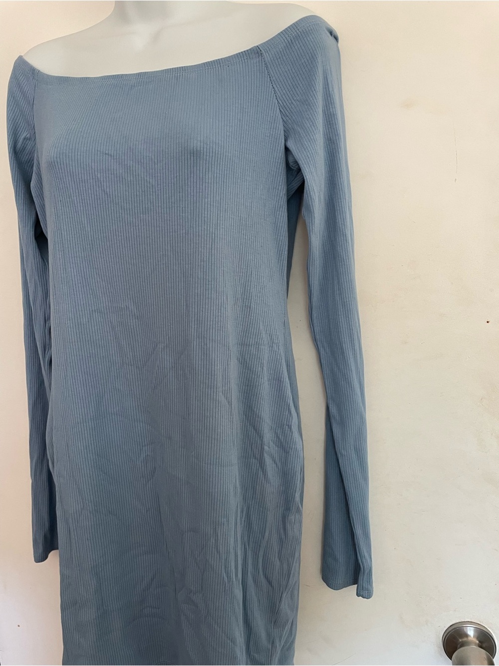 Fashion Nova Light Blue Ribbed Off-Shoulder Top